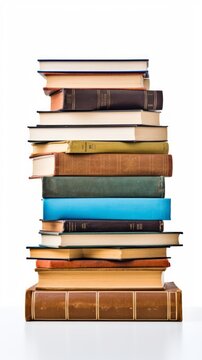Stock image of a stack of books on a white background, educational and organized Generative AI