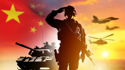 Naklejka premium Soldier with flag of China. Army of people republic China. Warrior near tanks and planes. Soldier Chinese people liberation army. Silhouette of fighter at sunset. Chinese soldier salutes. 3d image