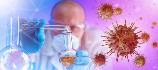 Man doctor virologist. Medical flasks in hands of laboratory assistant. Virus molecules fly in air. Virologist studies dangerous bacteria. Man doctor creates cure for virus. Art focus.