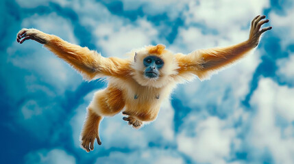 Under the blue sky and white clouds, a golden monkey jumps down from a high place