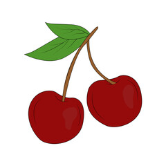 Ripe cherry and bunches cherry. Red berries with green leaves. Delicious dessert. Natural product. Healthy eating and diet. Design of greeting cards, posters, patches, prints on clothes, emblems.