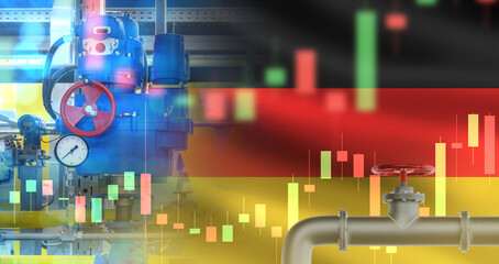 Gas equipment. Flag of Germany. Pipes for lng supply. Gas price chart in Germany. Import of propane...