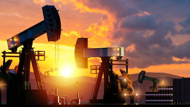 Oil deposit. Sunset over petrolium pumps. Crude oil production. Petroleum industry. Oil field under evening sky. Barrels near energy extraction towers. Deposit corporation field. 3d image