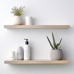 Stock image of a wall-mounted shelf on a white background, space-saving, display and storage Generative AI