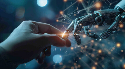 hand of a human touching a robot data connection, Generative AI