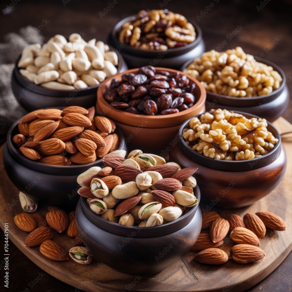 Poster stock image of a variety of nuts and seeds in bowls, healthy and nutritious snack option generative 