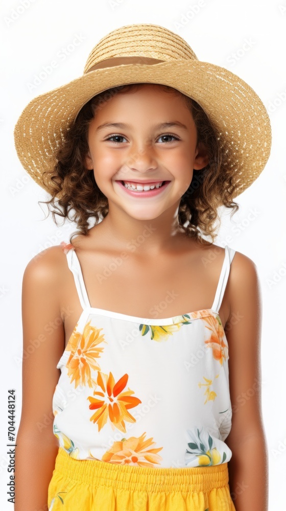 Aufkleber stock image of a young girl in a summer outfit against a plain white background generative ai