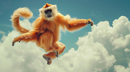 Under the blue sky and white clouds, a golden monkey jumps down from a high place - obrazy, fototapety, plakaty