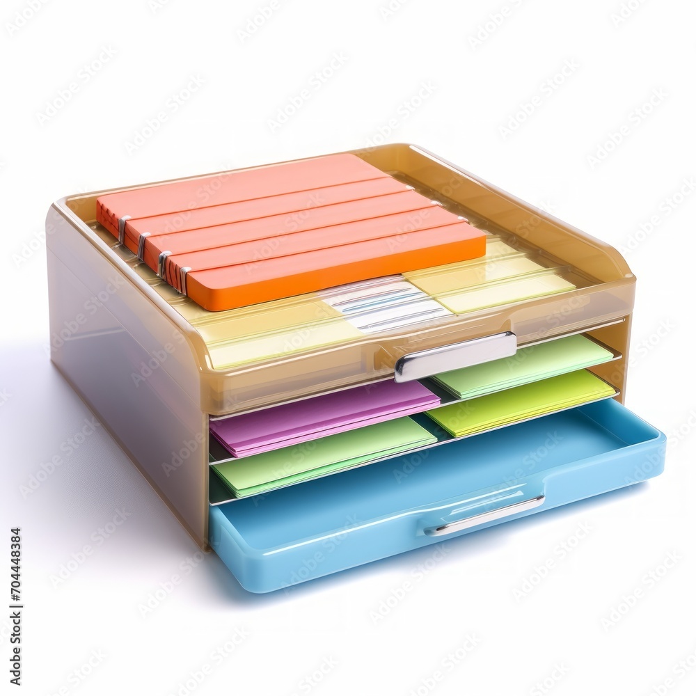 Poster stock image of an office desk tray on a white background, organized, storage for papers and files ge