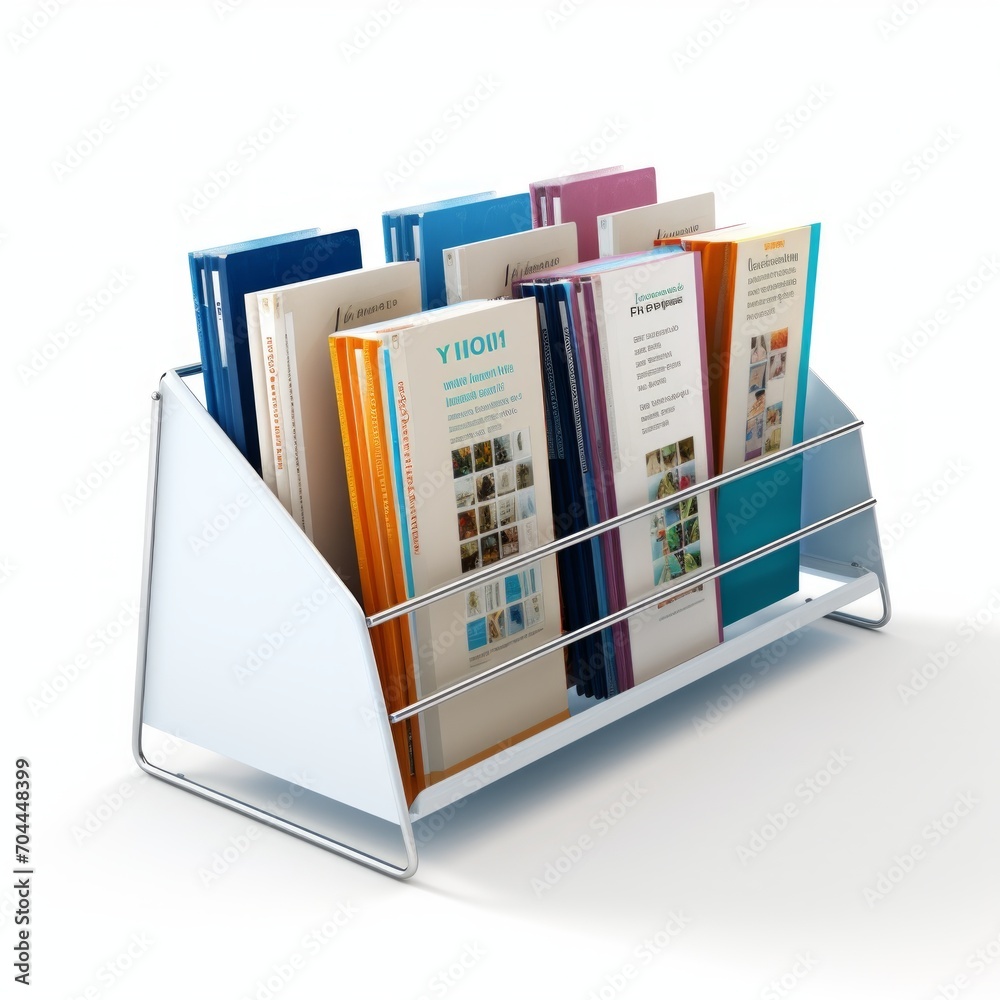 Poster stock image of an office magazine rack on a white background, neat, storage for reading materials ge