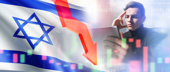 Economic crisis in Israel. Investor man sits clutching head. Analyst with tablet predicts economic...