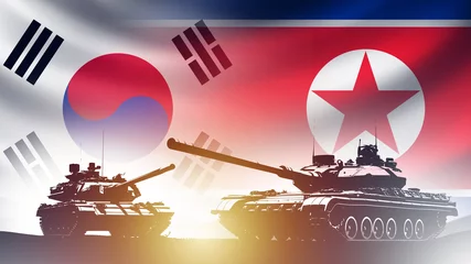 Fotobehang Military conflict North and South Korea. Military tanks near flags. Confrontation with DPRK. Escalation on border of North and South Korea concept. Cold war between two states. 3d image © Grispb