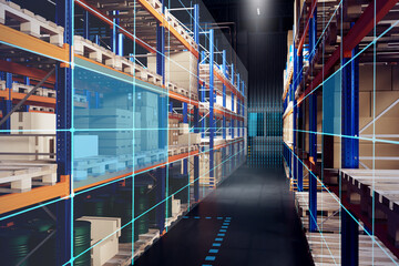 High-tech warehouse. Storehouse with machine vision lines. Storage with boxes on shelves. Warehouse through eyes robot. Automated storage. High-tech distribution center. Automation fulfillment. - obrazy, fototapety, plakaty