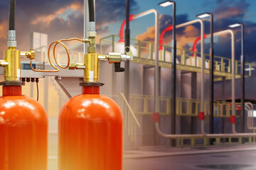 Industrial fire extinguishing system. Automatic fire extinguishers near plant. Factory with red...