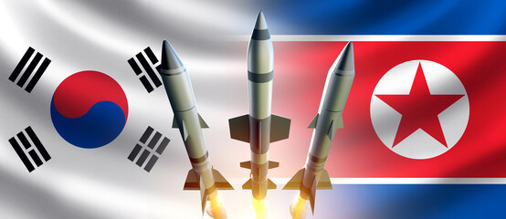 Missiles with flags of north and south Korea. Armed confrontation with DPRK. South Korean air...