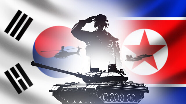 Army soldier flags of south Korea and north Korea. Korean army forces. Concept military confrontation. Army tank with flags of north and south Korea. Silhouette of soldier saluting. 3d image