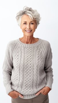 Stock image of an elderly woman wearing a knit sweater on a plain white background Generative AI