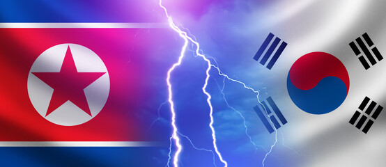 South Korea vs DPRK. Sky with lightning. Metaphor confrontation between two states. Conflict with north Korea. National flags. Political symbols North and South Korea. Diplomatic conflict. 3d image