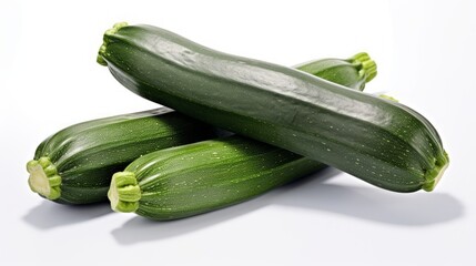 Three fresh, green zucchinis captured in a close-up realistic photo against a white background Generative AI