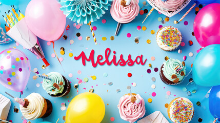 Melissa, girls name, flat lay with birthday cupcakes - obrazy, fototapety, plakaty