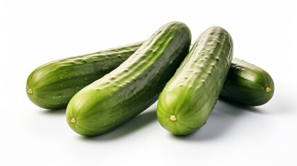 Three fresh cucumbers captured in a close-up realistic photo against a white background Generative AI