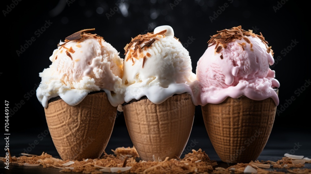 Aufkleber three scoops of tropical coconut ice cream showcased in a close-up realistic photo against a white b