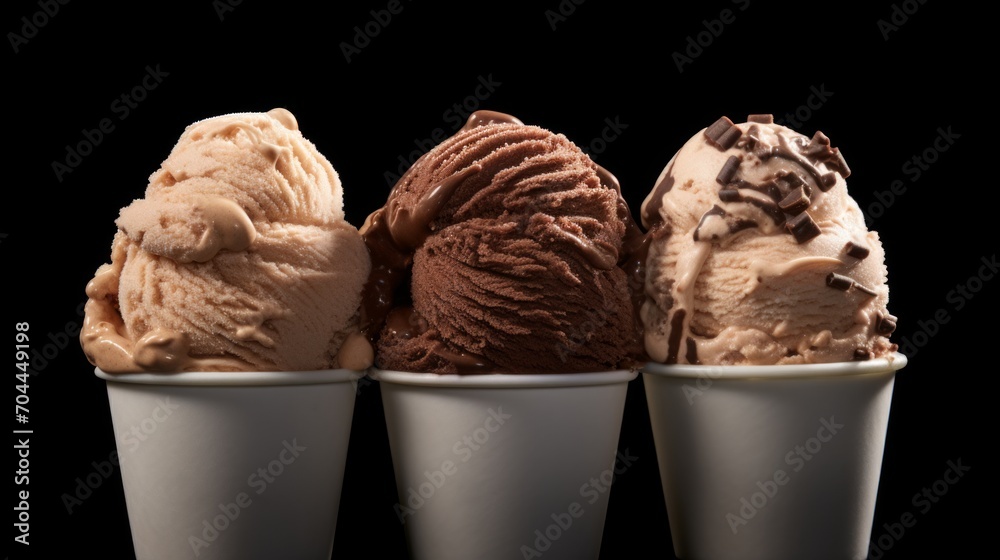 Poster three scoops of indulgent coffee-flavored ice cream showcased in a close-up realistic photo against 