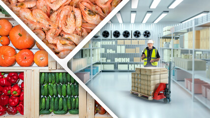 Supermarket refrigerated warehouse. Shrimp and vegetables near freezer. Man with boxes inside refrigerator. Industrial refrigerator for food storage. Cold storage with shrimps and cucumbers - obrazy, fototapety, plakaty