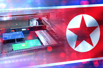 Production of microchips. North Korea flag. Manufacturing of microchips for computers. PCB boards...