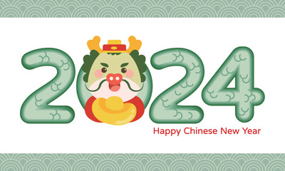 Happy Chinese new year 2024 with cute dragon on the number. vector illustration.