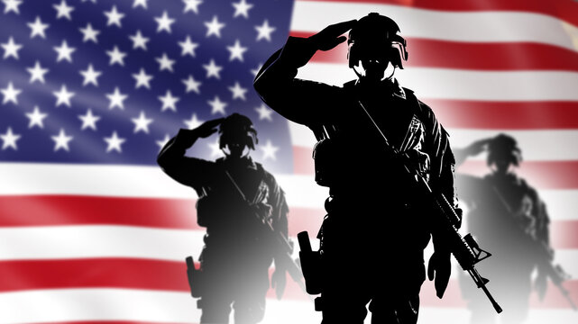 American soldiers salute. US army with weapons. Silhouettes of American army soldiers. Wars with rifles in hands. Banner for veteran day in US Warriors of United States of America. 3d image
