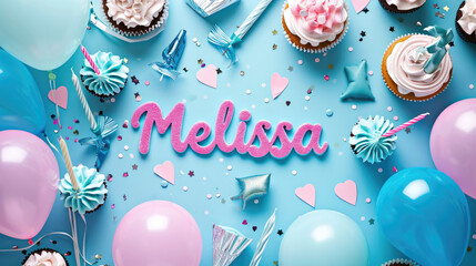 Melissa, girls name, flat lay with birthday cupcakes - obrazy, fototapety, plakaty