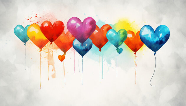 Develop heart shaped balloons with a watercolor splash effect, creating a dynamic and artistic look. Use a variety of colors to evoke a sense of creativity and playfulness.