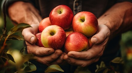 close-up of male hands holding apples, harvesting in the garden Generative AI