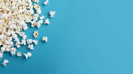 popcorn scattered on blue background. copy space for text - obrazy, fototapety, plakaty