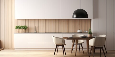 Modern and chic kitchen with white furniture, wooden walls, and a table with two black chairs under a modern lamp.