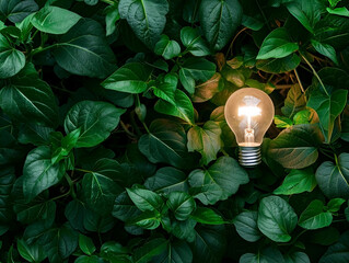 A light bulb on fresh leaves, top view. The concept of energy conservation, ecology and rational use of environmental resources.  Copy space