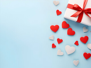 Valentine or mother day festive composition with gift or present box and red hearts on pastel blue background top view. Flat lay greeting card.