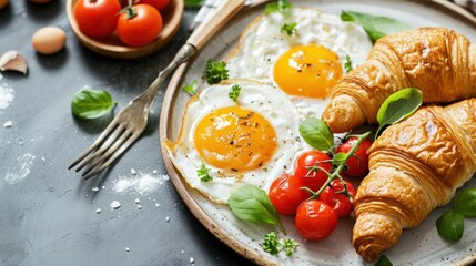 Flourish Brunch, A Symphony of Flavors - Two Golden Croissants With Exquisite Eggs and Sun-kissed Tomatoes on a Painterly Plate