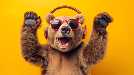 happy bear dancing with headphones and sunglasses on yellow backdrop - obrazy, fototapety, plakaty