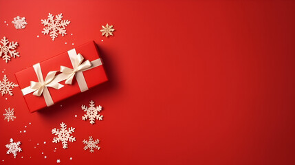 Top view decorations for christmas with gift box on red background, generative ai