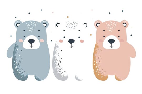 Very childish watercolor vintage cartoon cute and charming kawaii polar bear clipart vector, organic forms with desaturated light and airy pastel color palette. Great as nursery art.