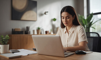 Focused professional working from home office, online work from home, online business, created with Generative AI