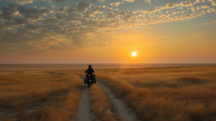 motorcycle trip at sunset, steppe trip, sun and dry grass, freedom