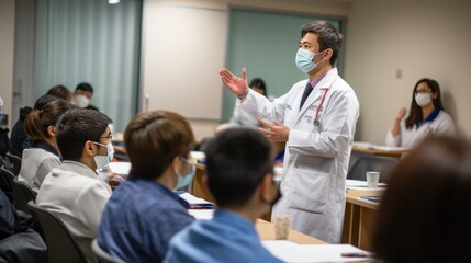 A doctor in a white coat, mask, and stethoscope is standing in front of a meeting room. 
