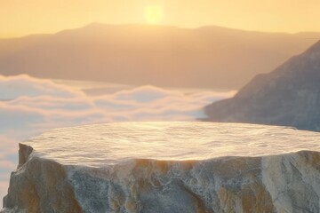 Stone podium table top with outdoor mountains golden color scene nature landscape at sunrise blur background.Natural beauty cosmetic or healthy product placement presentation. generative ai.