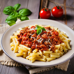 Corn flakes with raisin and milk in a ceramic cup