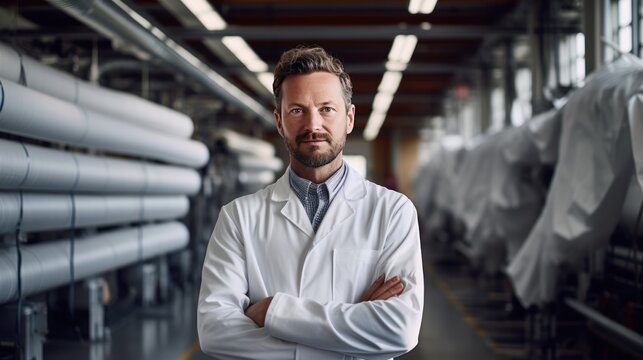 A portrait of an engineer standing in the dyeing area of a textile factory