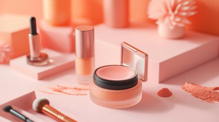 Obraz na płótnie Canvas Ethereal Beauty, A Mesmerizing Tabletop Abounding With Luxurious Cosmetics and Artistic Makeup Brushes