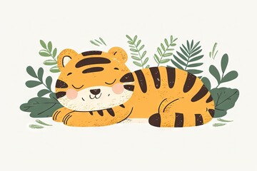 Very childish watercolor vintage cartoon cute and charming kawaii tiger clipart vector, organic forms with desaturated light and airy pastel color palette. Great as nursery art.